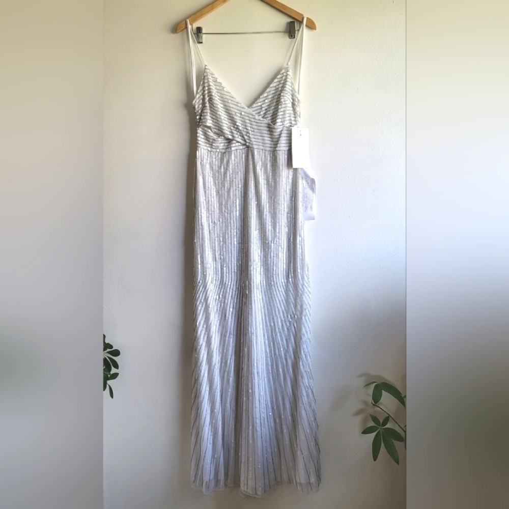 NWT Mac Duggal, Sequin Spaghetti Strap Gown, Pearl, Size 8 -$498 - Picture 4 of 15
